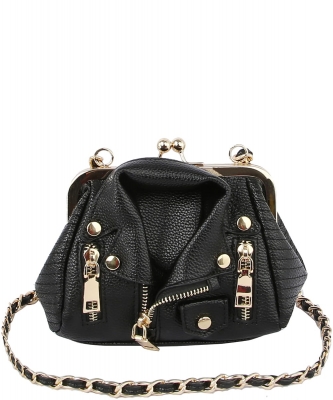 Motorcycle Jacket Kiss Lock Crossbody Bag Satchel LY130 BLACK